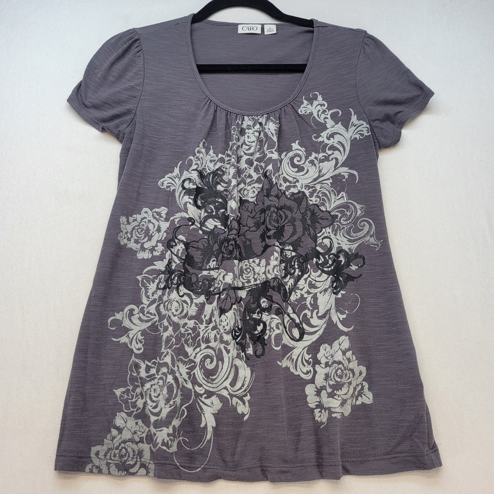 Cato Graphic Tee Womens Medium Gray Floral Filigree Slub Knit Pleated Scoop Neck